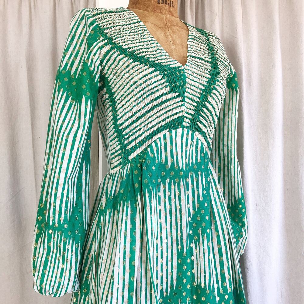Vintage 60s Space Age Shirred Smocked Bodice Metallic Gold Dot Maxi Dress